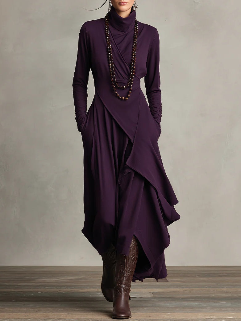 Vestido largo drapeado de manga larga con cuello alto asimétrico 1