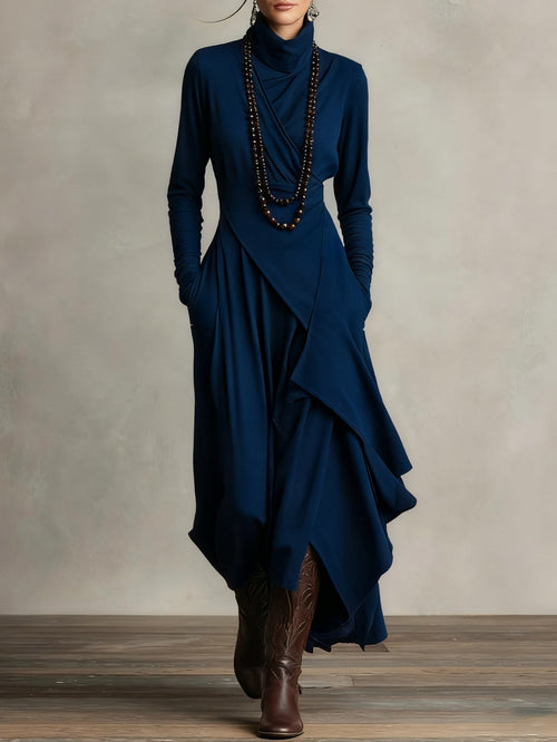 Vestido largo drapeado de manga larga con cuello alto asimétrico 10