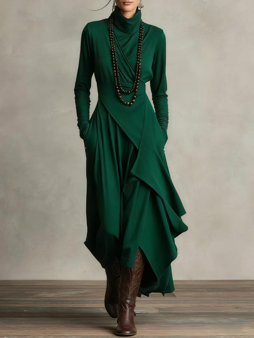 Vestido largo drapeado de manga larga con cuello alto asimétrico 11