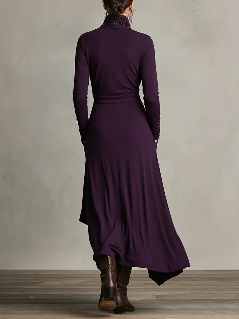 Vestido largo drapeado de manga larga con cuello alto asimétrico 2