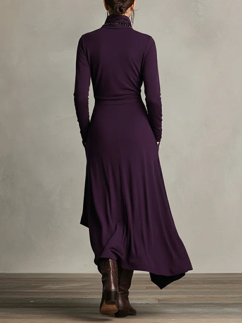 Vestido largo drapeado de manga larga con cuello alto asimétrico 2