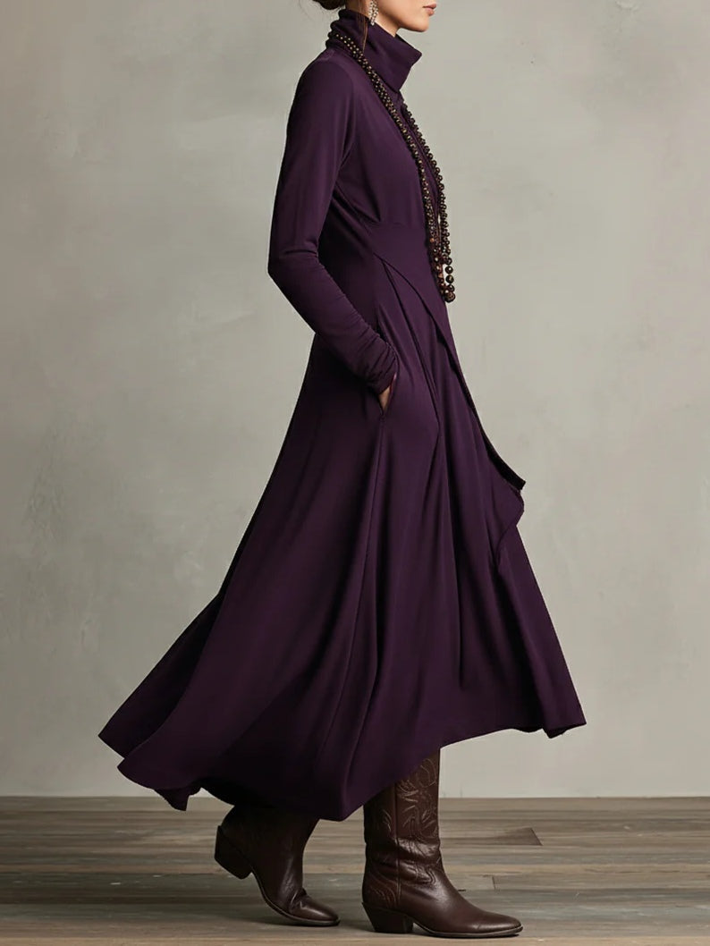 Vestido largo drapeado de manga larga con cuello alto asimétrico 3