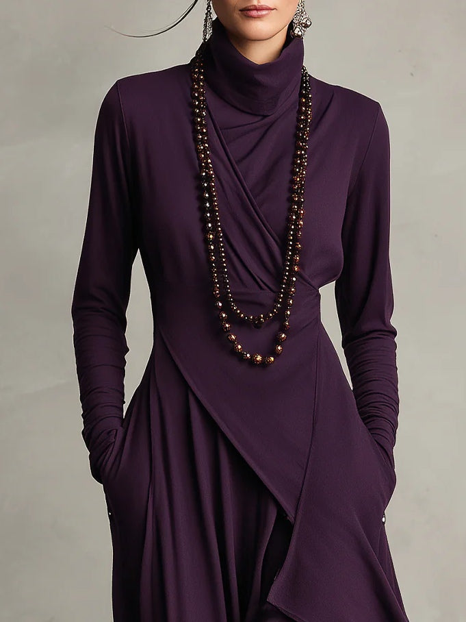 Vestido largo drapeado de manga larga con cuello alto asimétrico 4