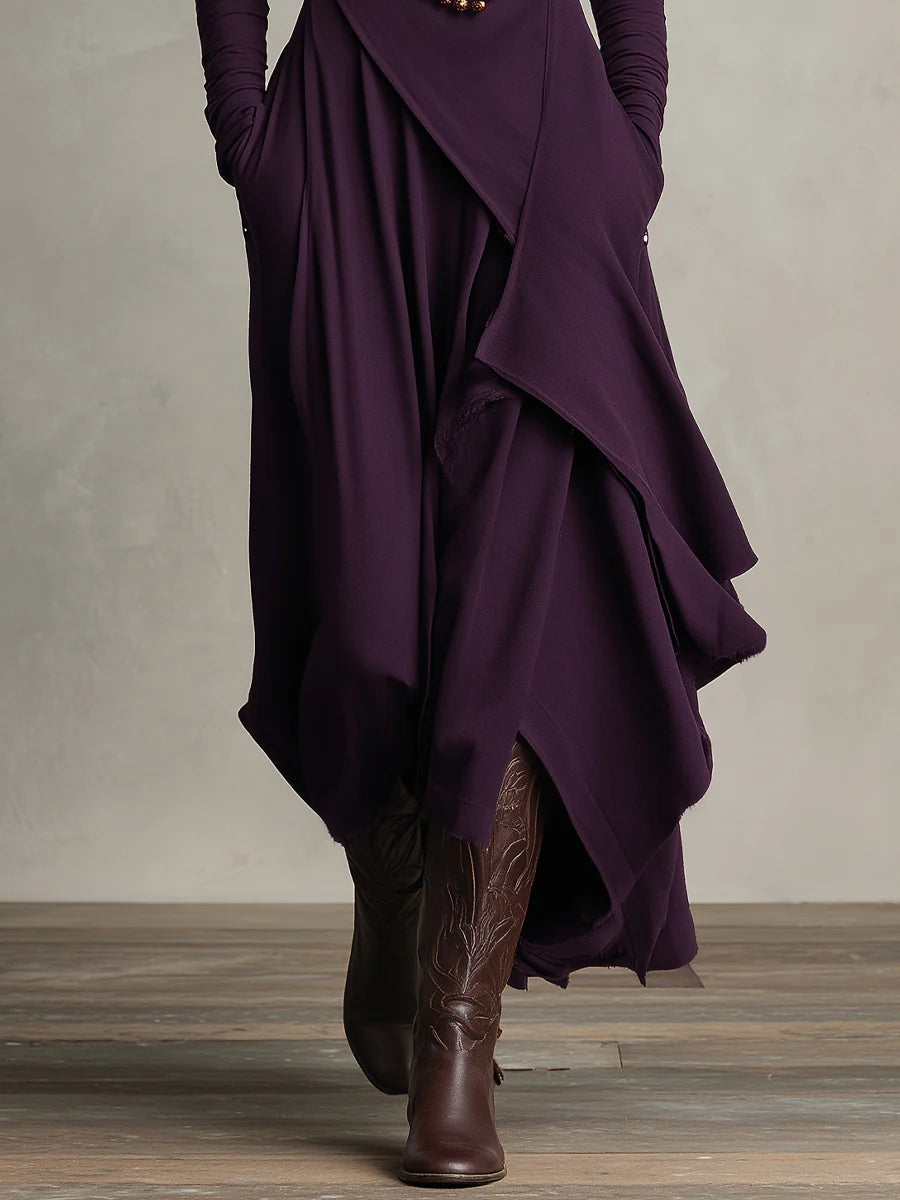 Vestido largo drapeado de manga larga con cuello alto asimétrico 5