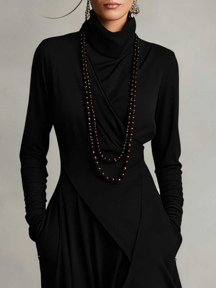 Vestido largo drapeado de manga larga con cuello alto asimétrico 6