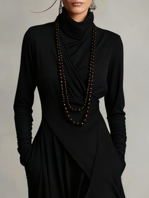 Vestido largo drapeado de manga larga con cuello alto asimétrico 6