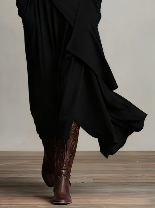 Vestido largo drapeado de manga larga con cuello alto asimétrico 7