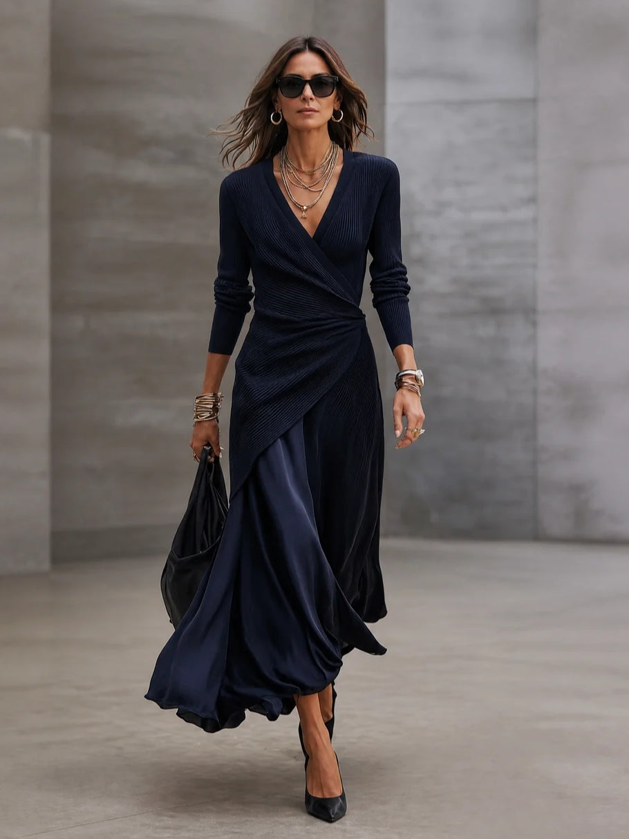 Vestido largo envolvente con escote en V y manga larga 4