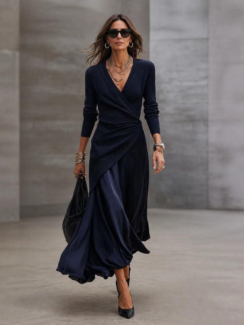 Vestido largo envolvente con escote en V y manga larga 4