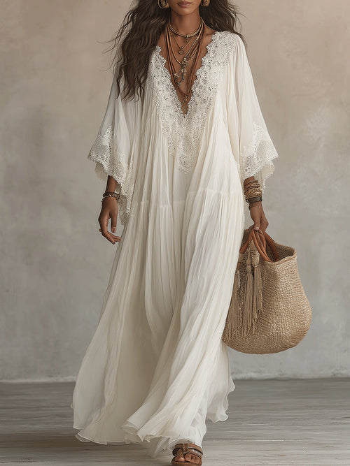 Vestido maxi bohemio con escote en V y encaje 1