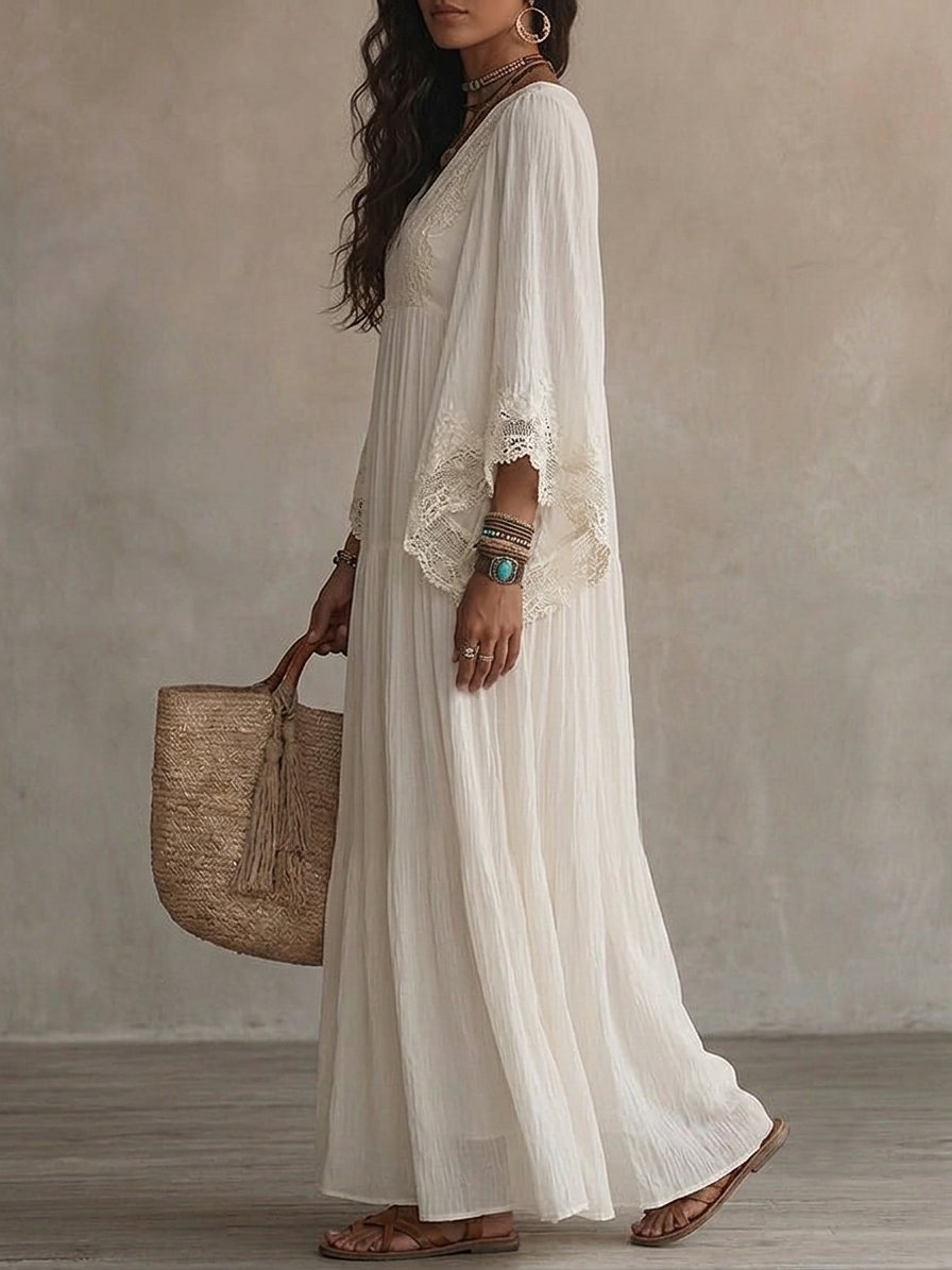 Vestido maxi bohemio con escote en V y encaje 10