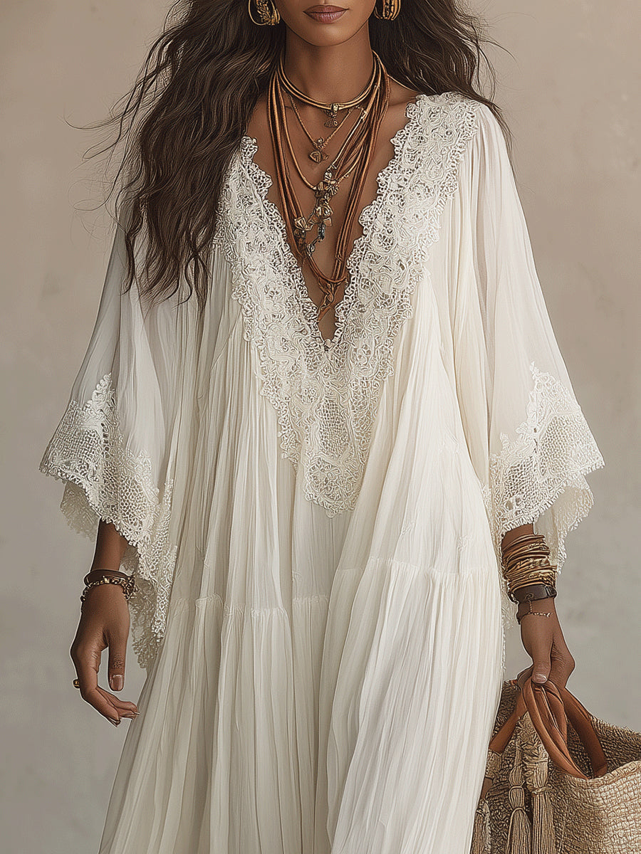 Vestido maxi bohemio con escote en V y encaje 11