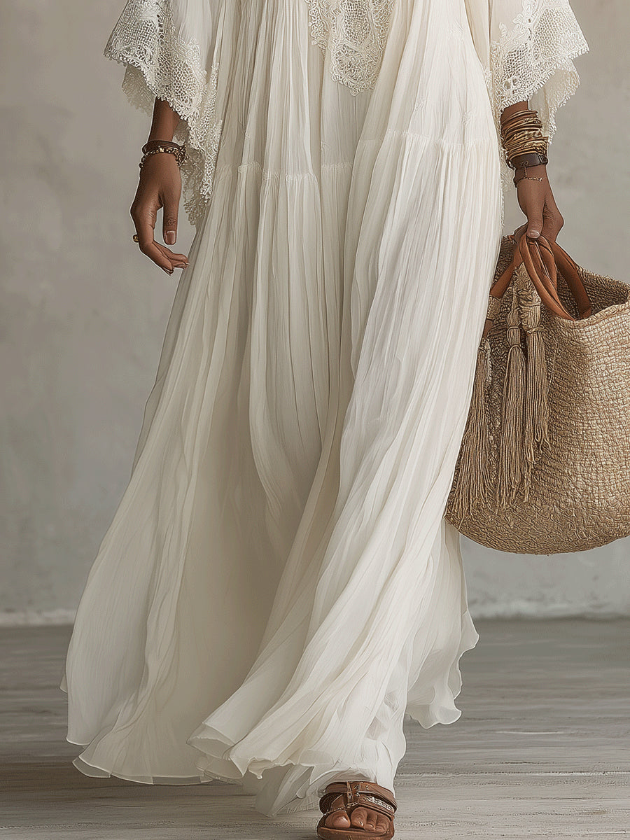 Vestido maxi bohemio con escote en V y encaje 12