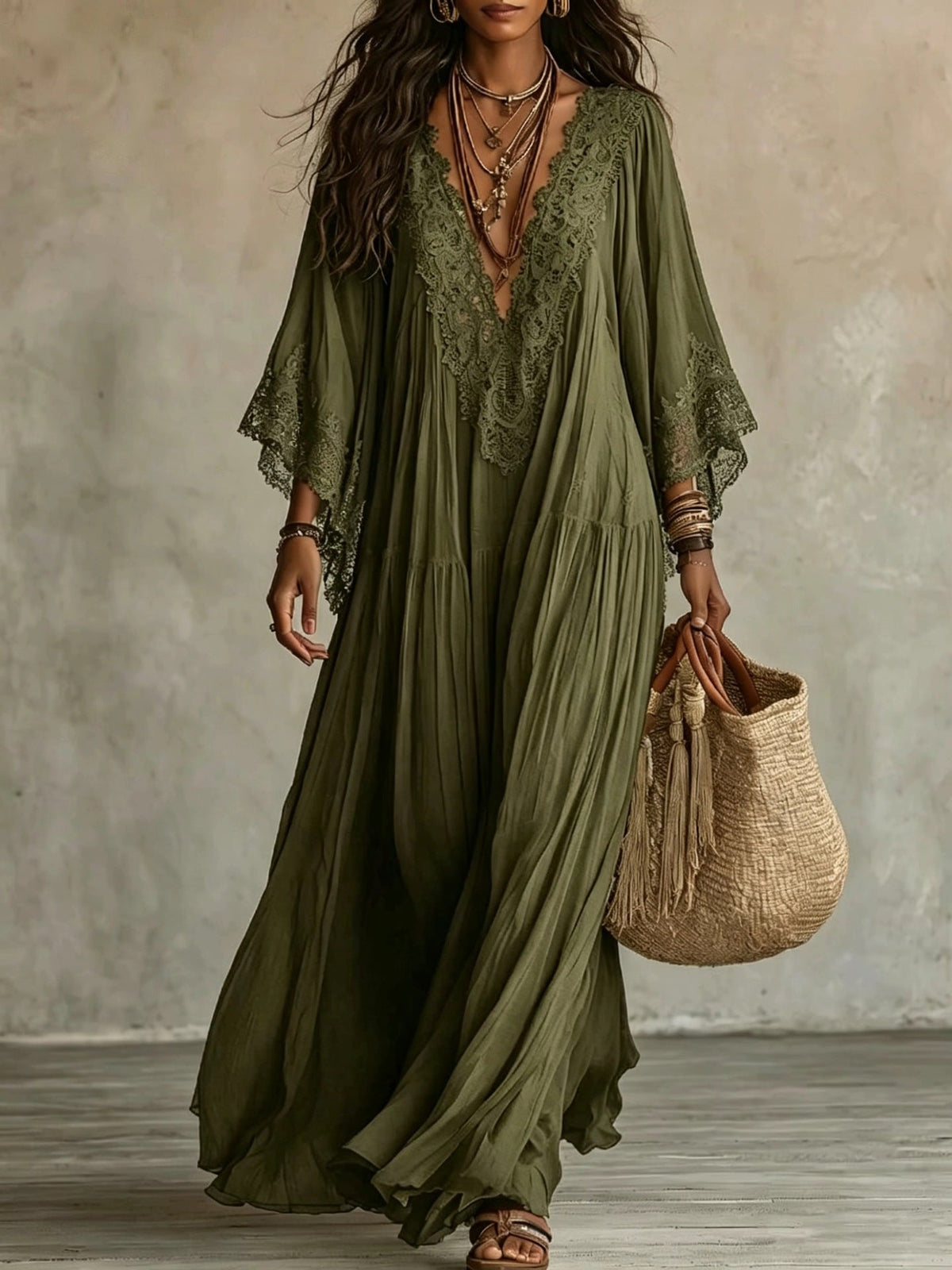 Vestido maxi bohemio con escote en V y encaje 2