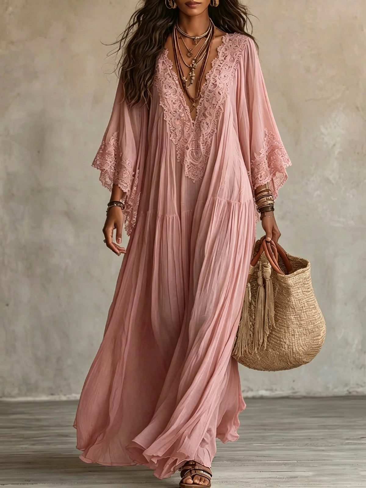 Vestido maxi bohemio con escote en V y encaje 4
