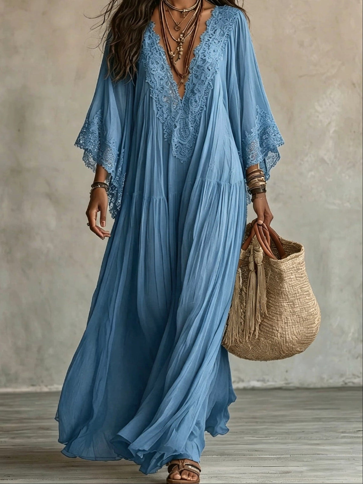 Vestido maxi bohemio con escote en V y encaje 5