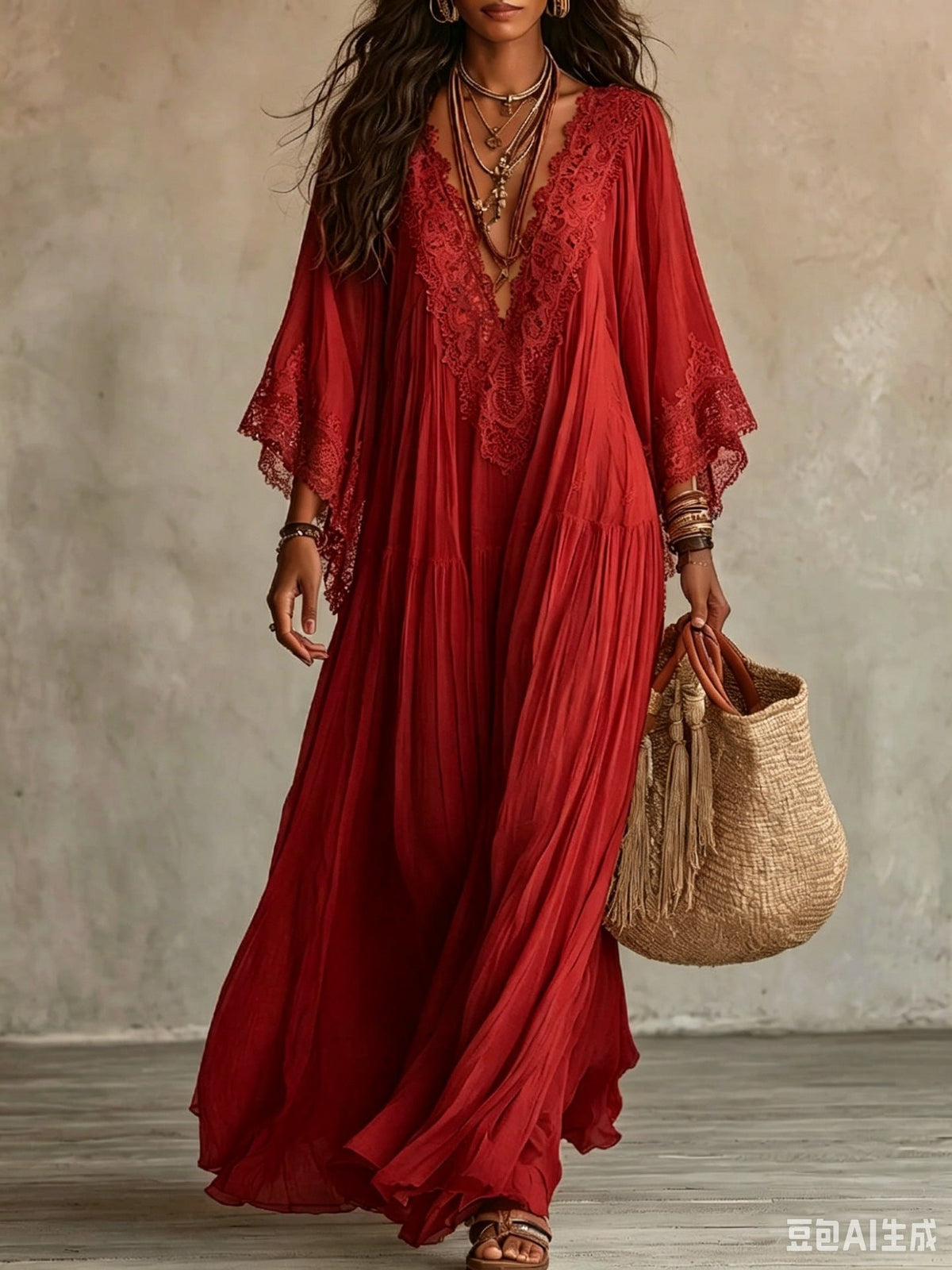Vestido maxi bohemio con escote en V y encaje 6
