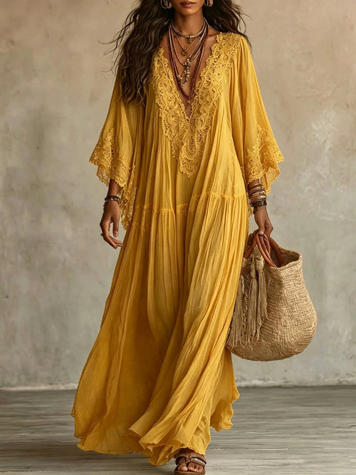 Vestido maxi bohemio con escote en V y encaje 7