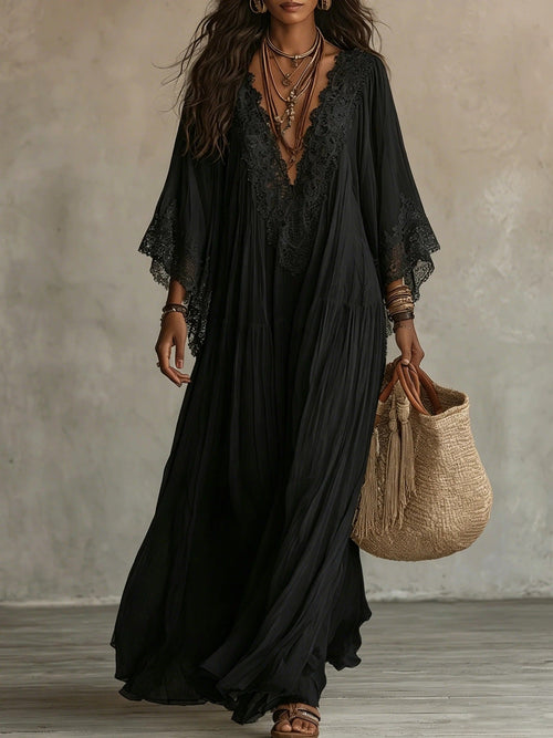 Vestido maxi bohemio con escote en V y encaje 8