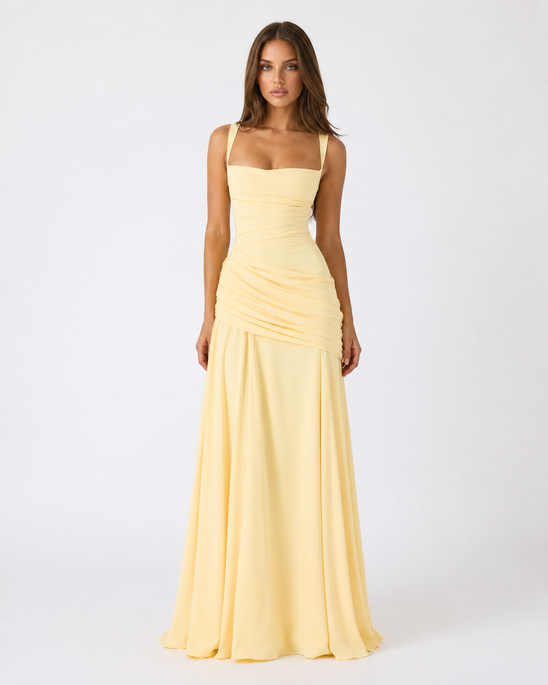 Vestido maxi de fiesta con escote cuadrado y drapeado lateral 1