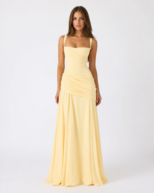 Vestido maxi de fiesta con escote cuadrado y drapeado lateral 1