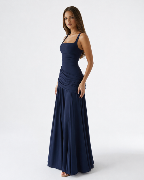 Vestido maxi de fiesta con escote cuadrado y drapeado lateral 13