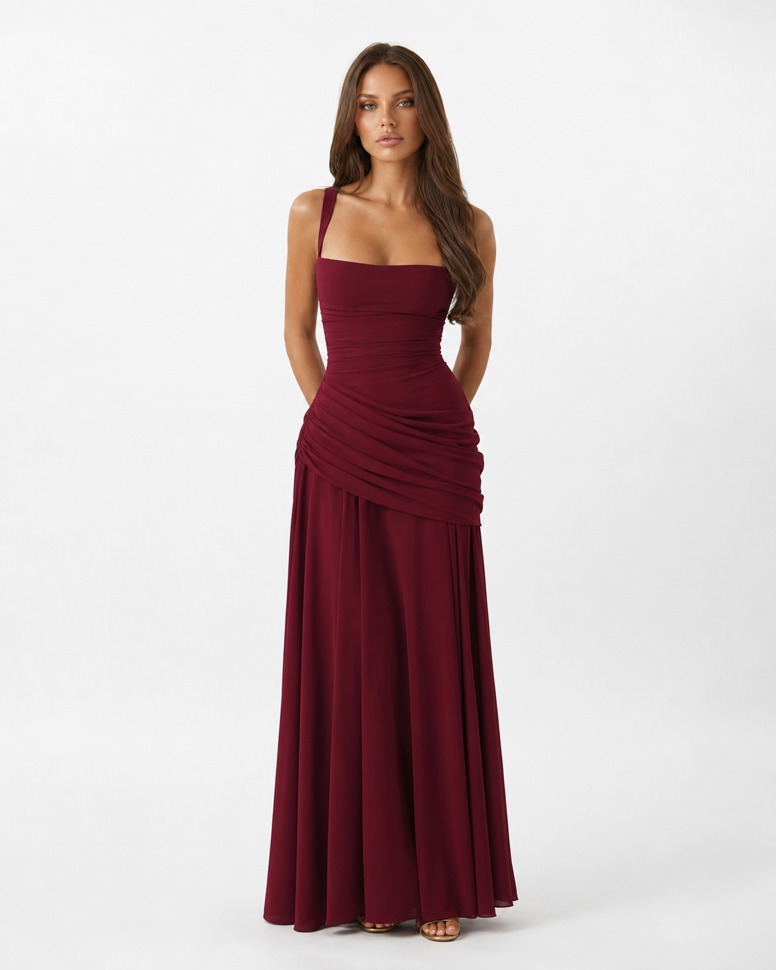 Vestido maxi de fiesta con escote cuadrado y drapeado lateral 3