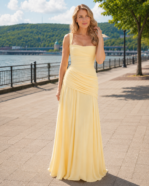 Vestido maxi de fiesta con escote cuadrado y drapeado lateral 9