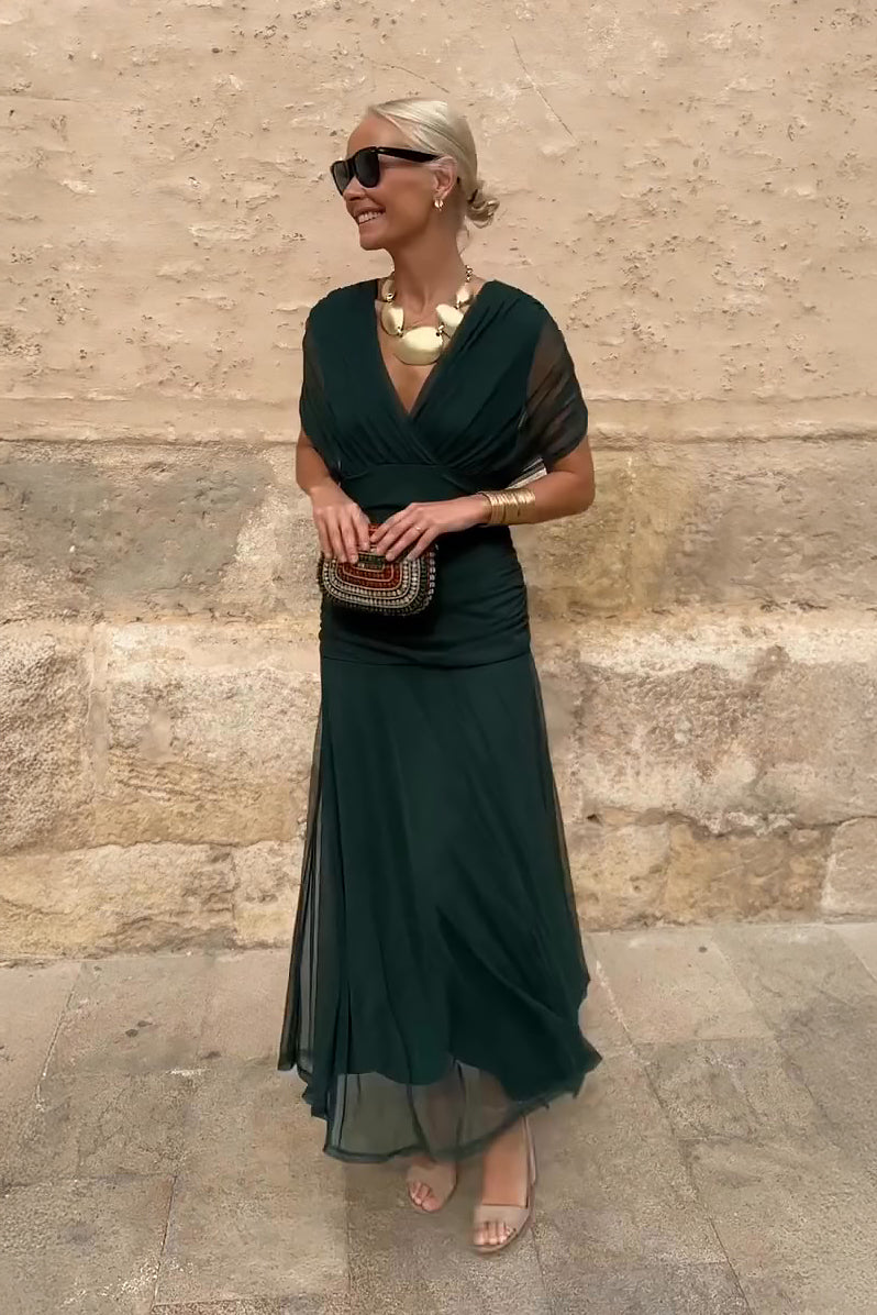 Vestido maxi plisado de fiesta con escote en V 1