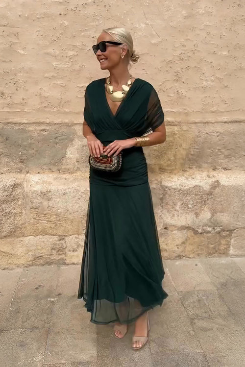 Vestido maxi plisado de fiesta con escote en V 1