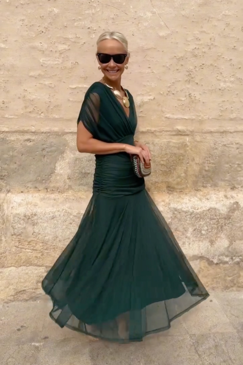Vestido maxi plisado de fiesta con escote en V 12