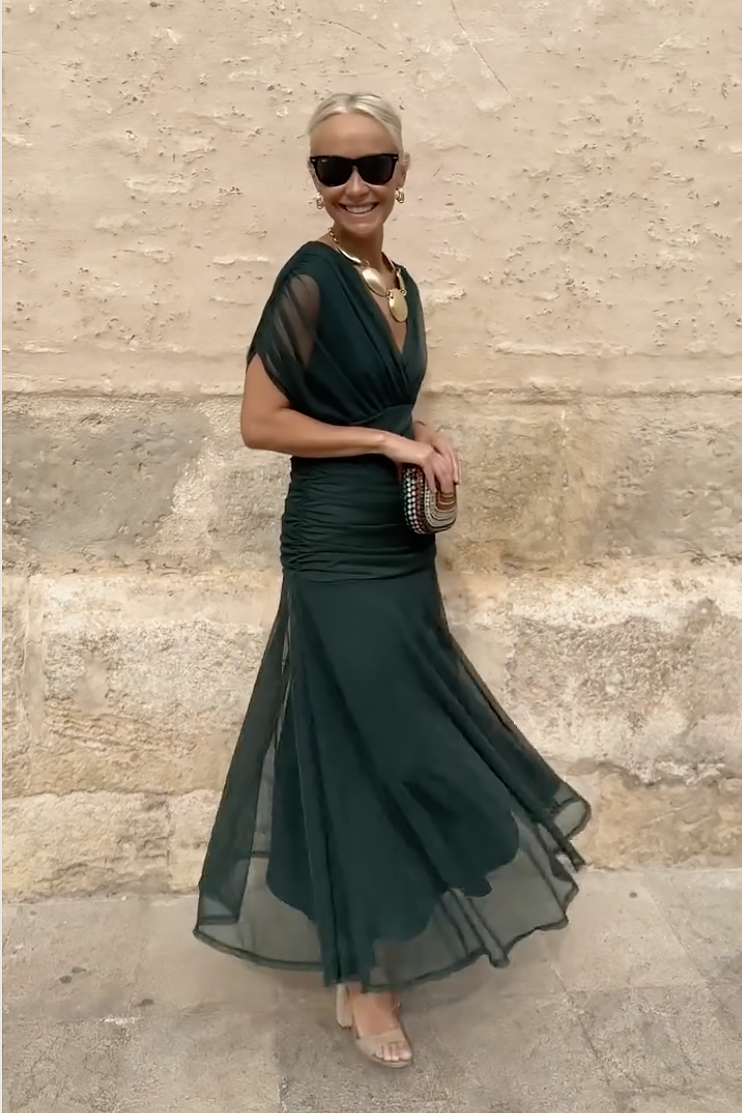 Vestido maxi plisado de fiesta con escote en V 14