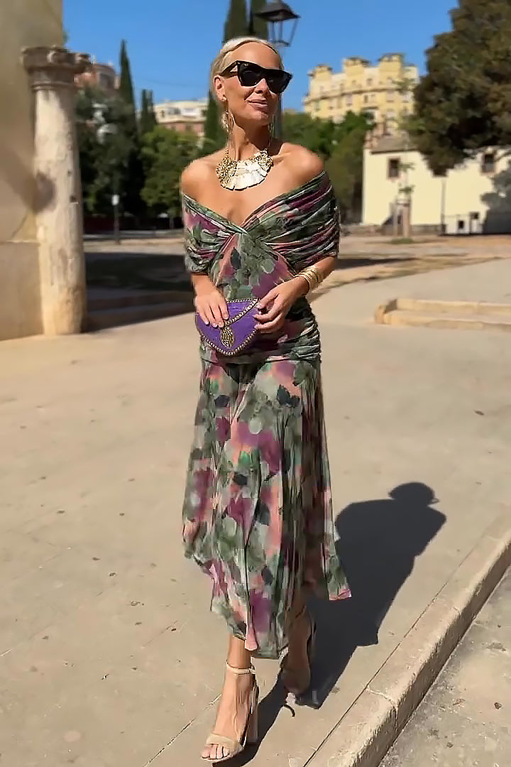 Vestido maxi plisado de fiesta con escote en V 2