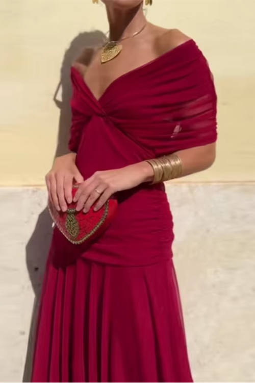 Vestido maxi plisado de fiesta con escote en V 3