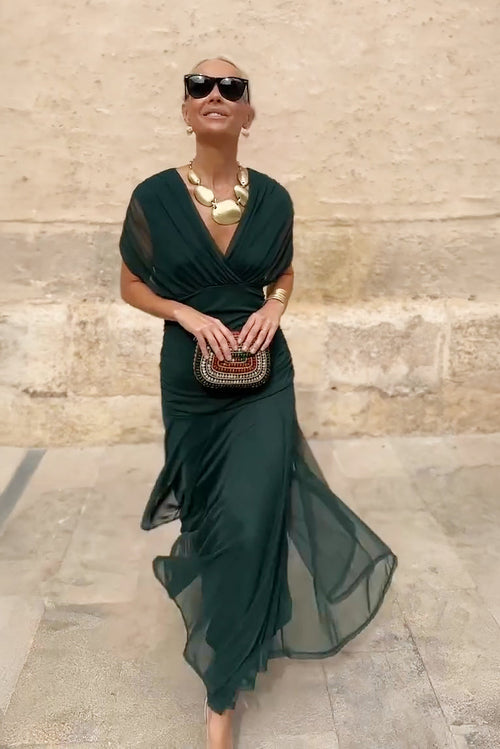 Vestido maxi plisado de fiesta con escote en V 6
