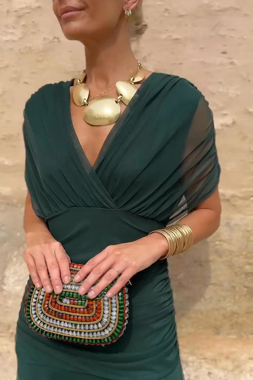 Vestido maxi plisado de fiesta con escote en V 7