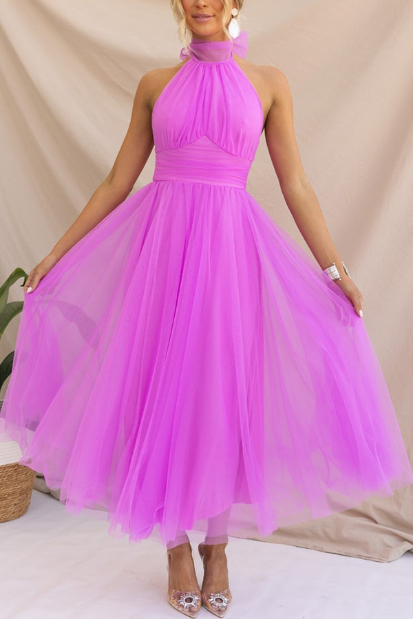 Vestido midi de fiesta con cuello halter y falda de tul 12