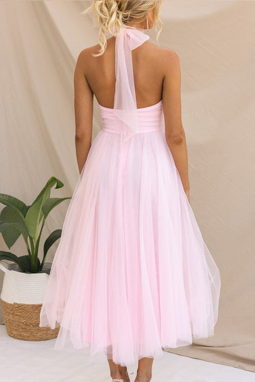 Vestido midi de fiesta con cuello halter y falda de tul 13