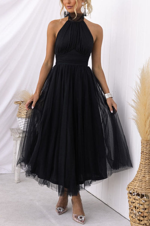 Vestido midi de fiesta con cuello halter y falda de tul 14