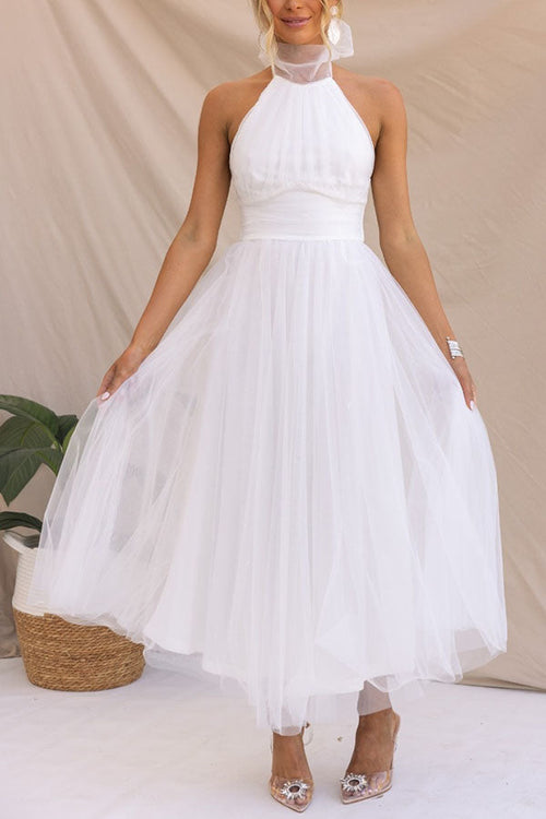 Vestido midi de fiesta con cuello halter y falda de tul 15