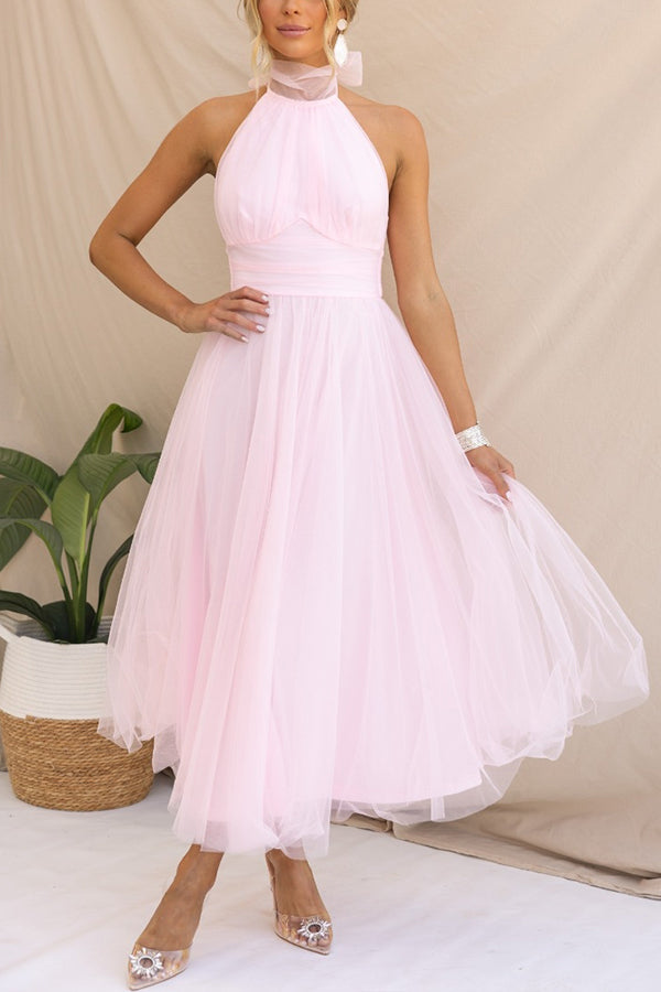 Vestido midi de fiesta con cuello halter y falda de tul 16