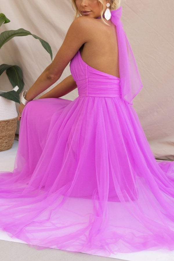 Vestido midi de fiesta con cuello halter y falda de tul 19