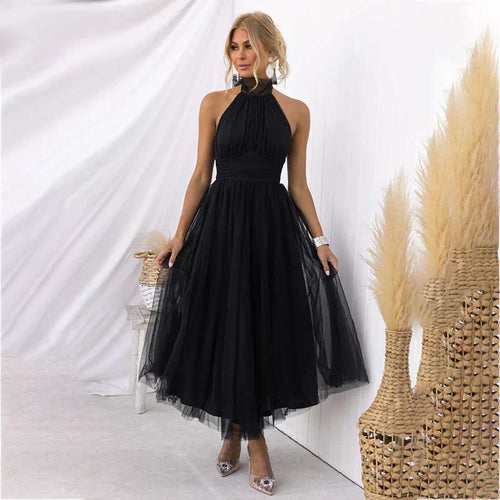 Vestido midi de fiesta con cuello halter y falda de tul 2
