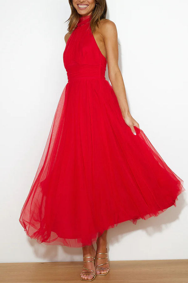 Vestido midi de fiesta con cuello halter y falda de tul 22