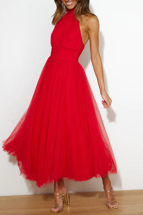 Vestido midi de fiesta con cuello halter y falda de tul 23