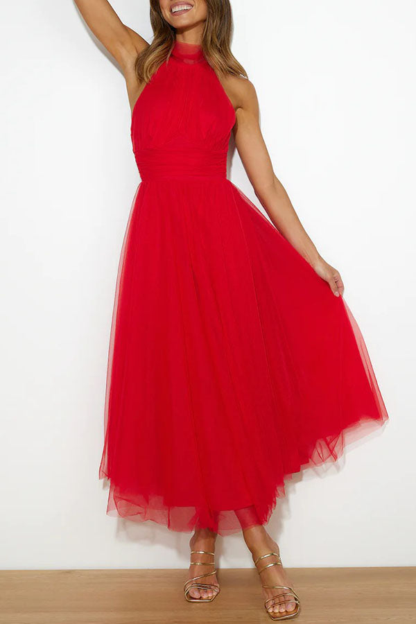 Vestido midi de fiesta con cuello halter y falda de tul 24