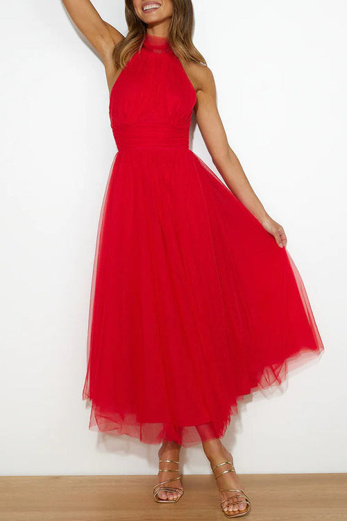 Vestido midi de fiesta con cuello halter y falda de tul 24