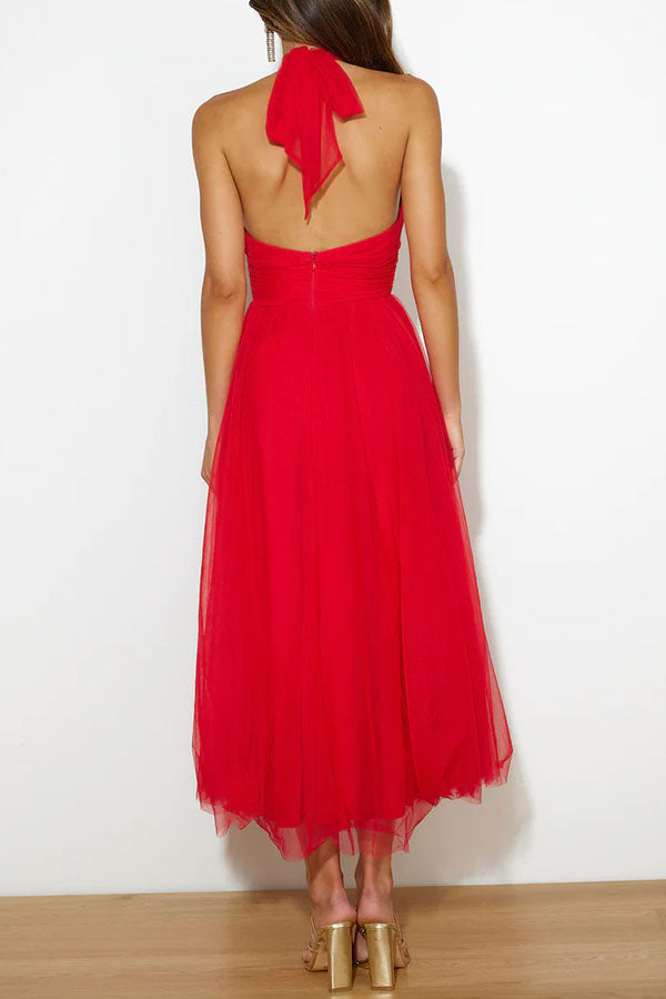 Vestido midi de fiesta con cuello halter y falda de tul 25
