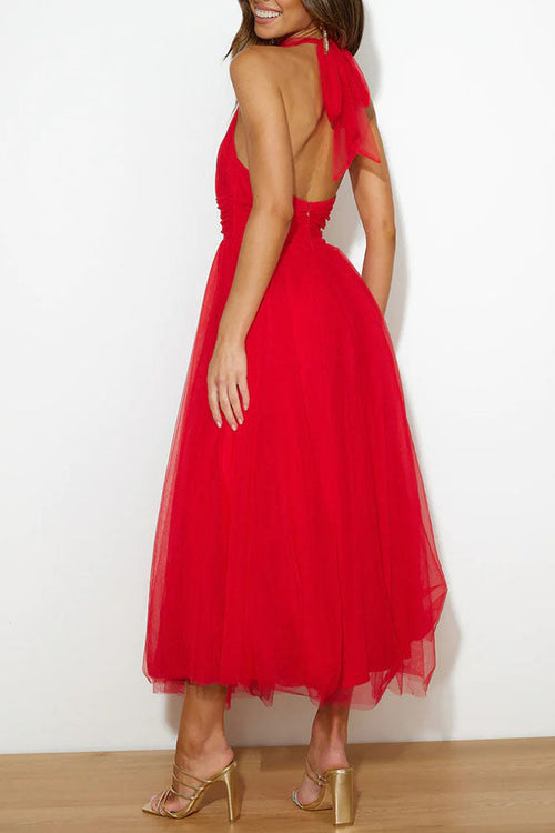Vestido midi de fiesta con cuello halter y falda de tul 26