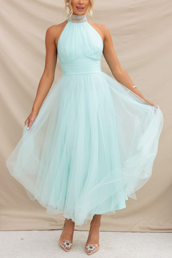Vestido midi de fiesta con cuello halter y falda de tul 3
